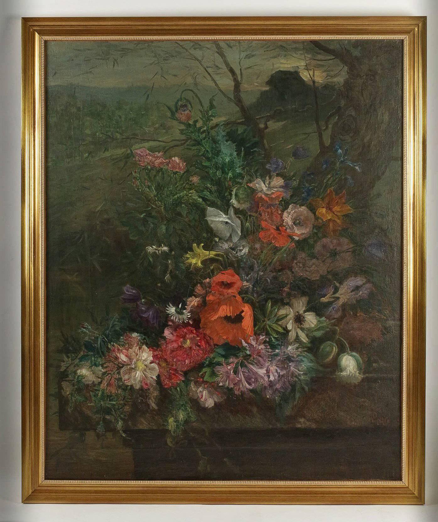 We are pleased to present you a gorgeous and realist Flowers scene, « Bouquet of Flowers on a Marble Ledge .» Mid-19th-century French school, oil on canvas signed on lower right by Ludovic Piette and dated 1862.

Size unframed : W 31.88 In, H