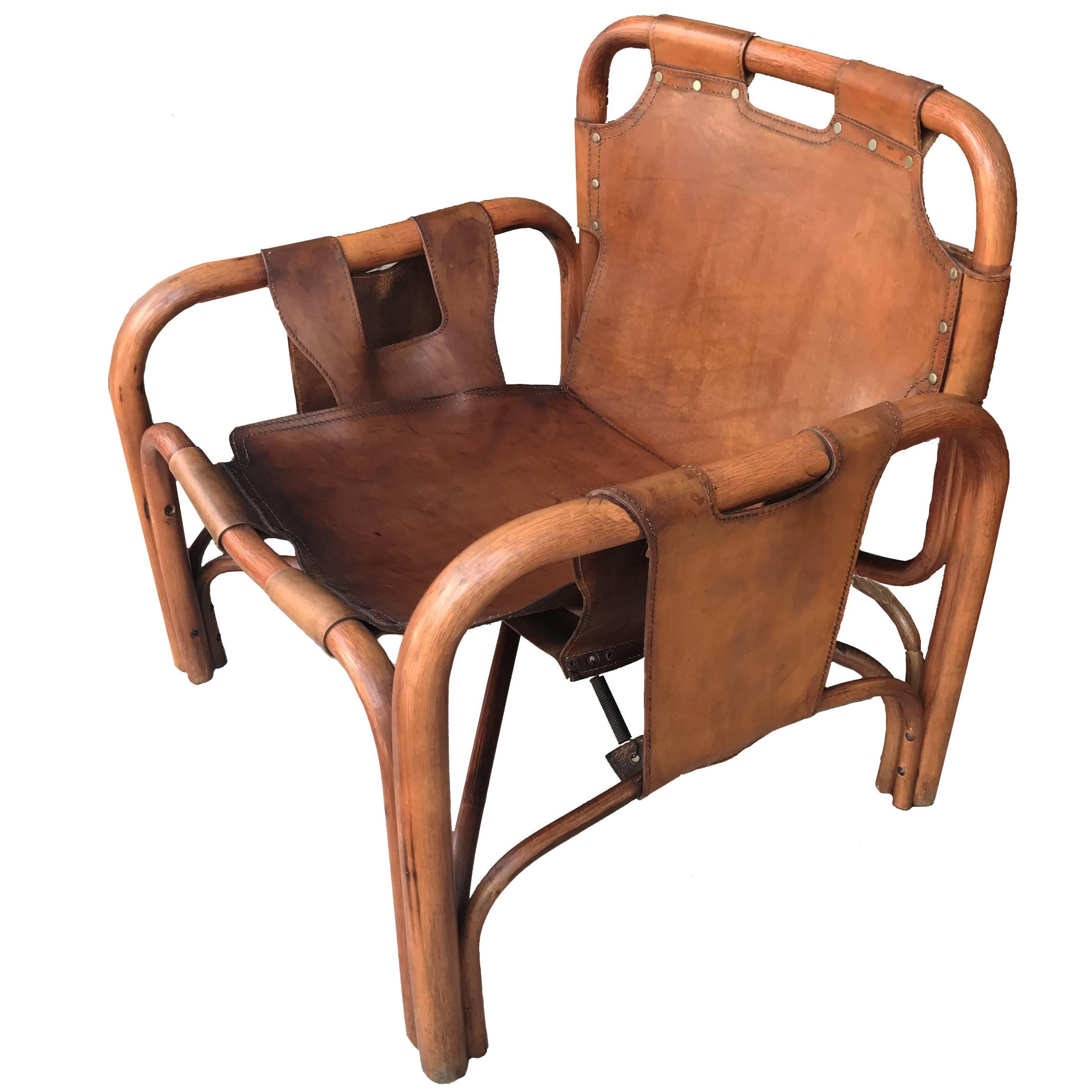 Italian Mid-Century Modern Bamboo and Leather Lounge Chair by Bonacina