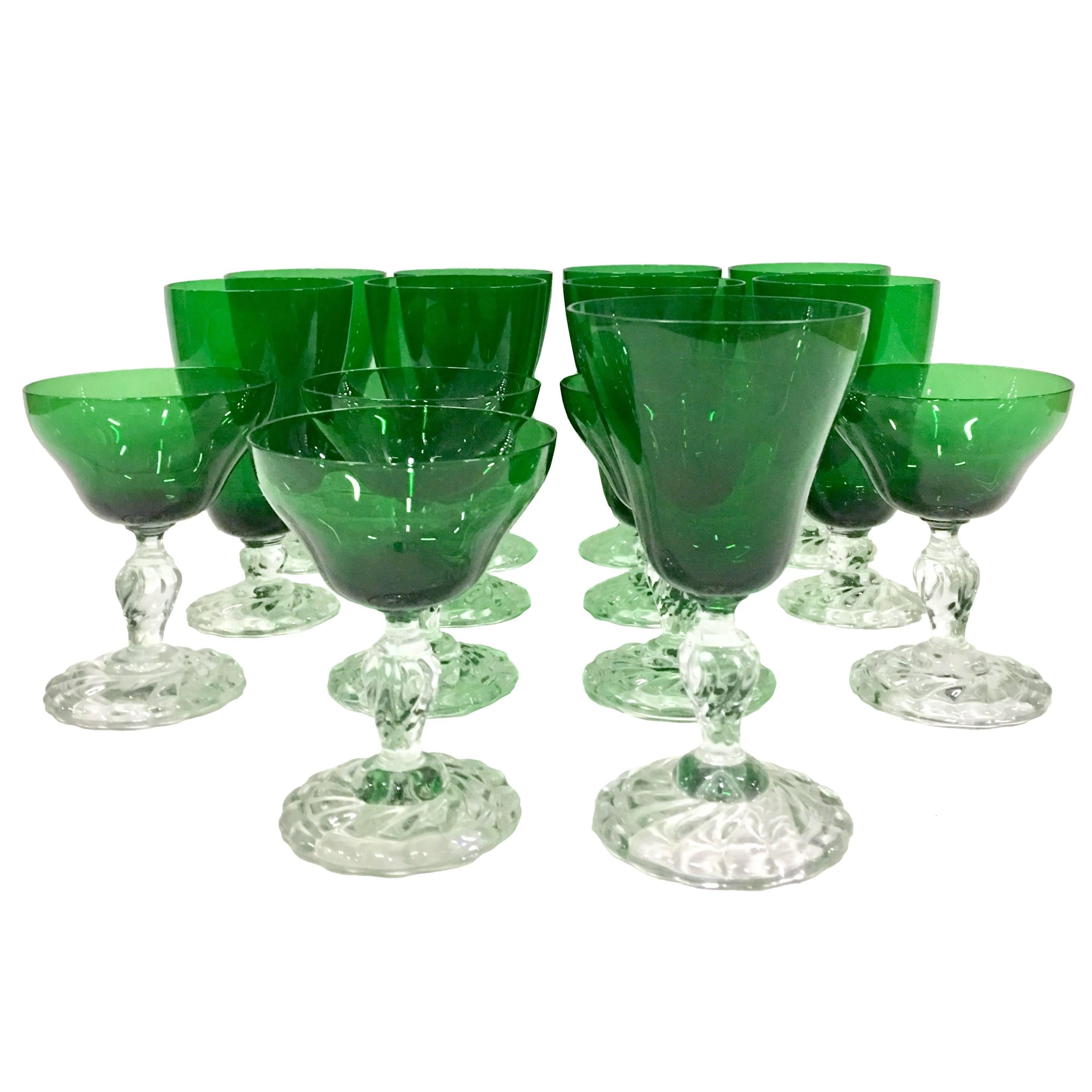 60'S Set/14 Emerald Green and Clear Footed Stem Drink Glasses, 