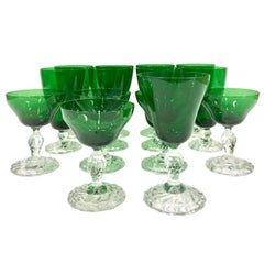 Vintage 60'S Set/14 Emerald Green and Clear Footed Stem Drink Glasses,