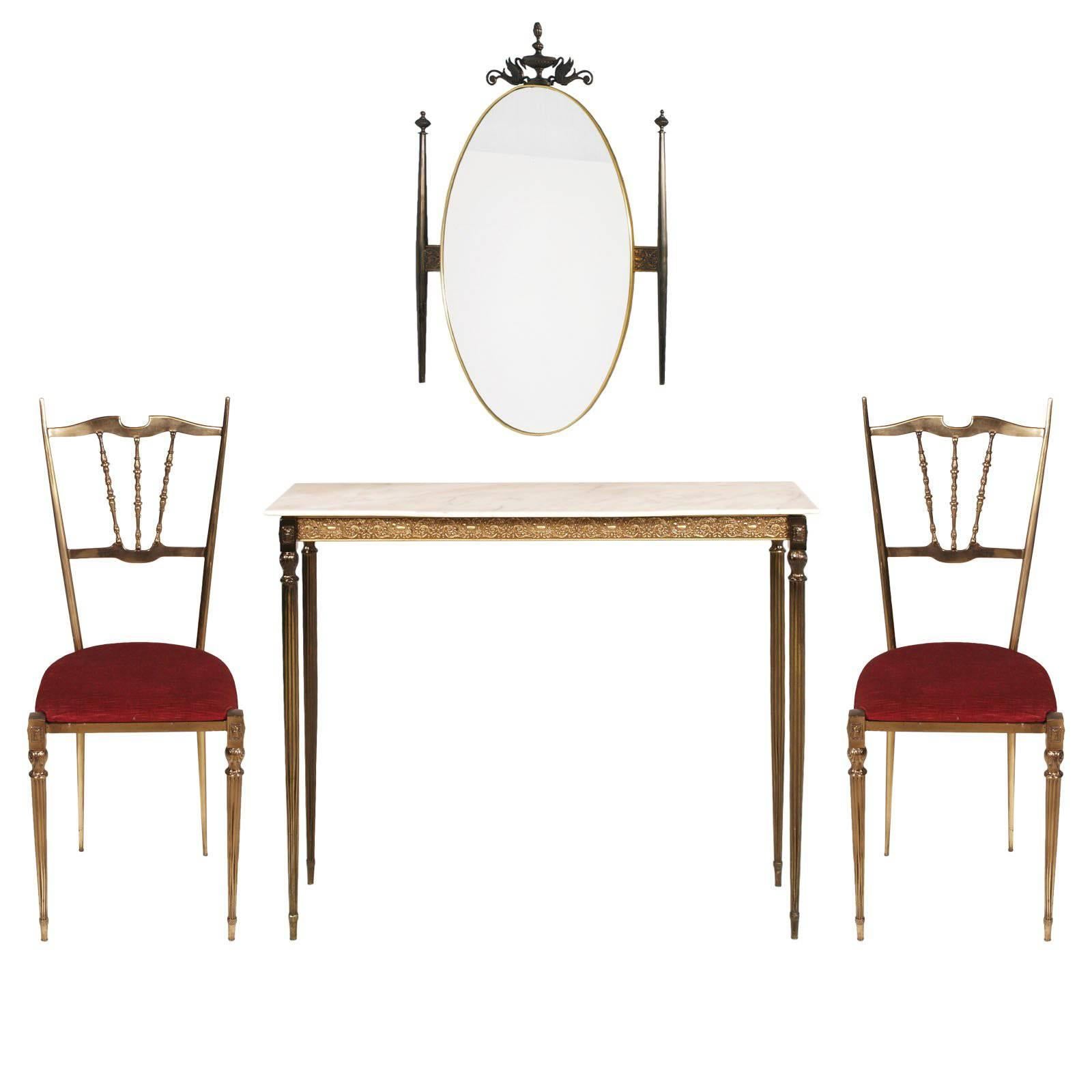 1930s Italy Art Nouveau Brass Console, wall Mirror & side Chairs Gio Ponti Style