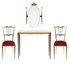 Vintage 1930s Italy Art Nouveau Brass Console, wall Mirror & side Chairs Gio Ponti Style