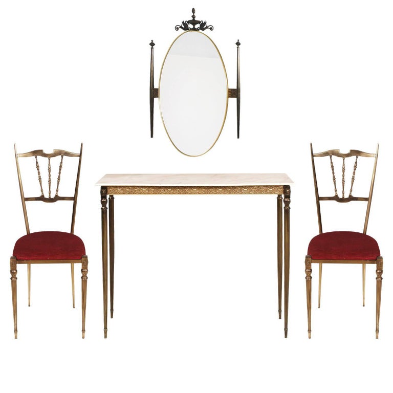 1930s Italy Art Nouveau Brass Console, wall Mirror & side Chairs Gio Ponti Style For Sale