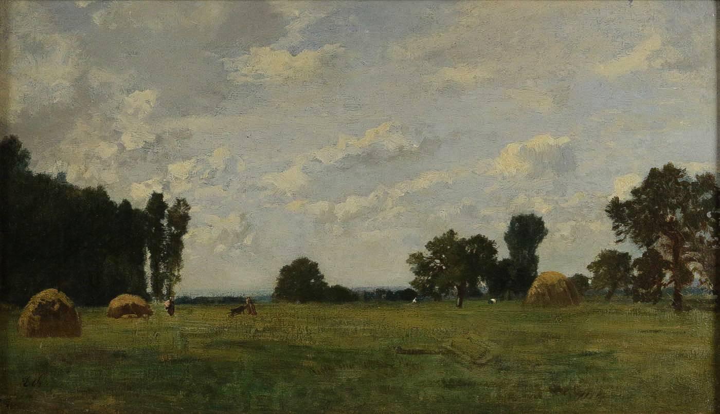 French Eugene Maxime Vallée, Barbizon School, Field and Its Haystack, Oil on Panel