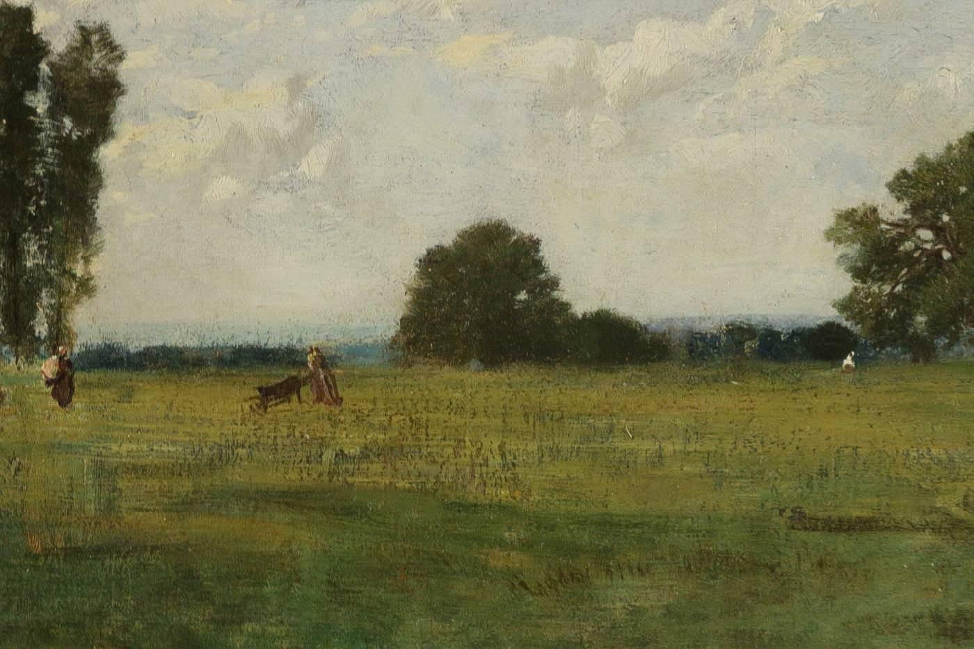 19th Century Eugene Maxime Vallée, Barbizon School, Field and Its Haystack, Oil on Panel