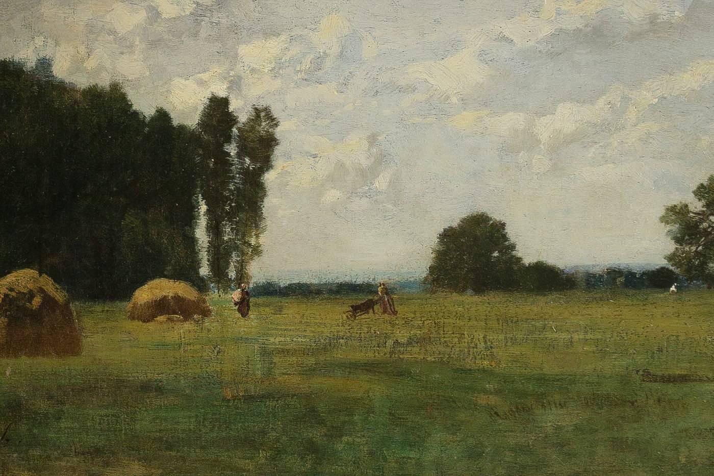Oiled Eugene Maxime Vallée, Barbizon School, Field and Its Haystack, Oil on Panel