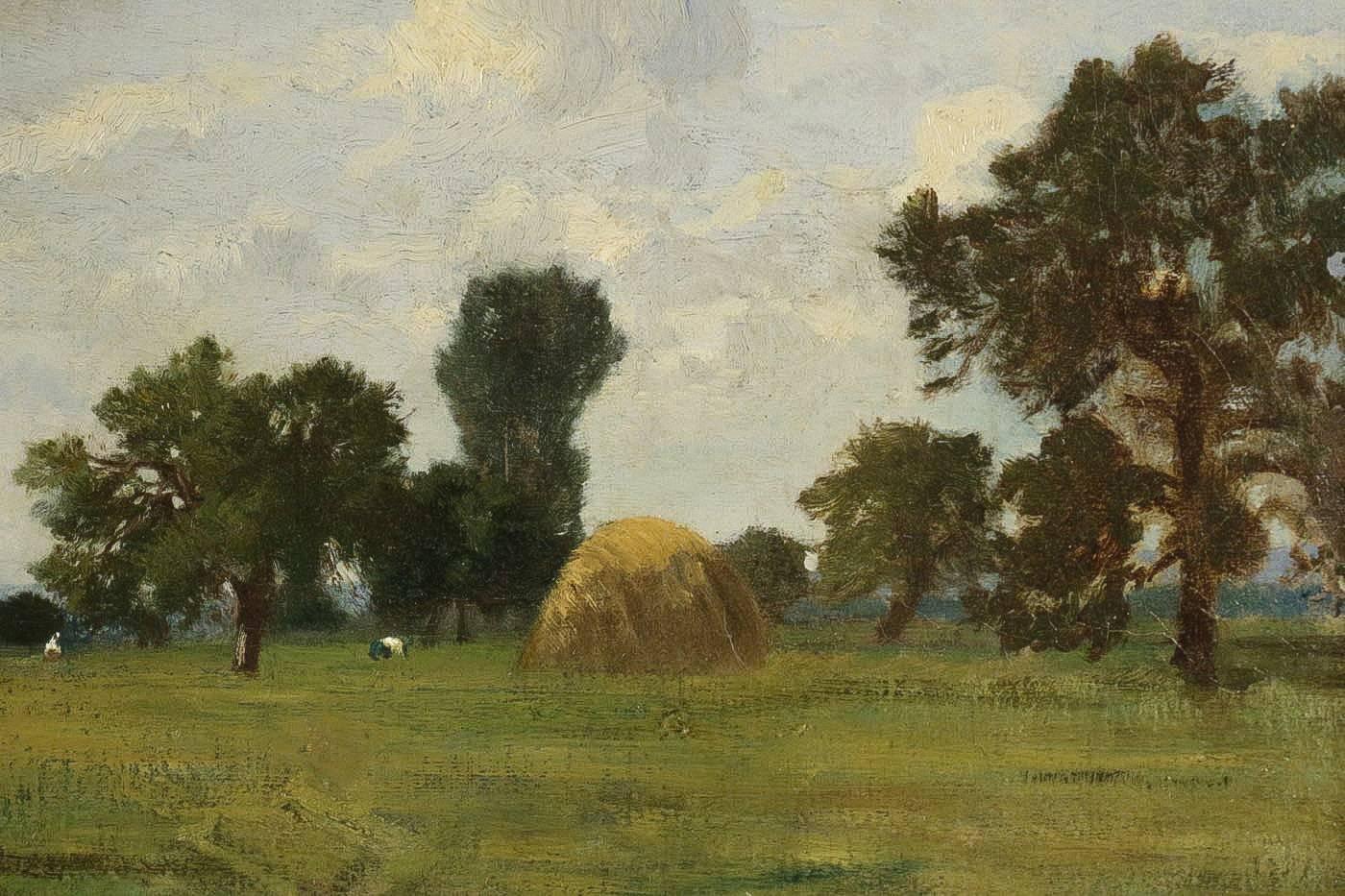 Paint Eugene Maxime Vallée, Barbizon School, Field and Its Haystack, Oil on Panel