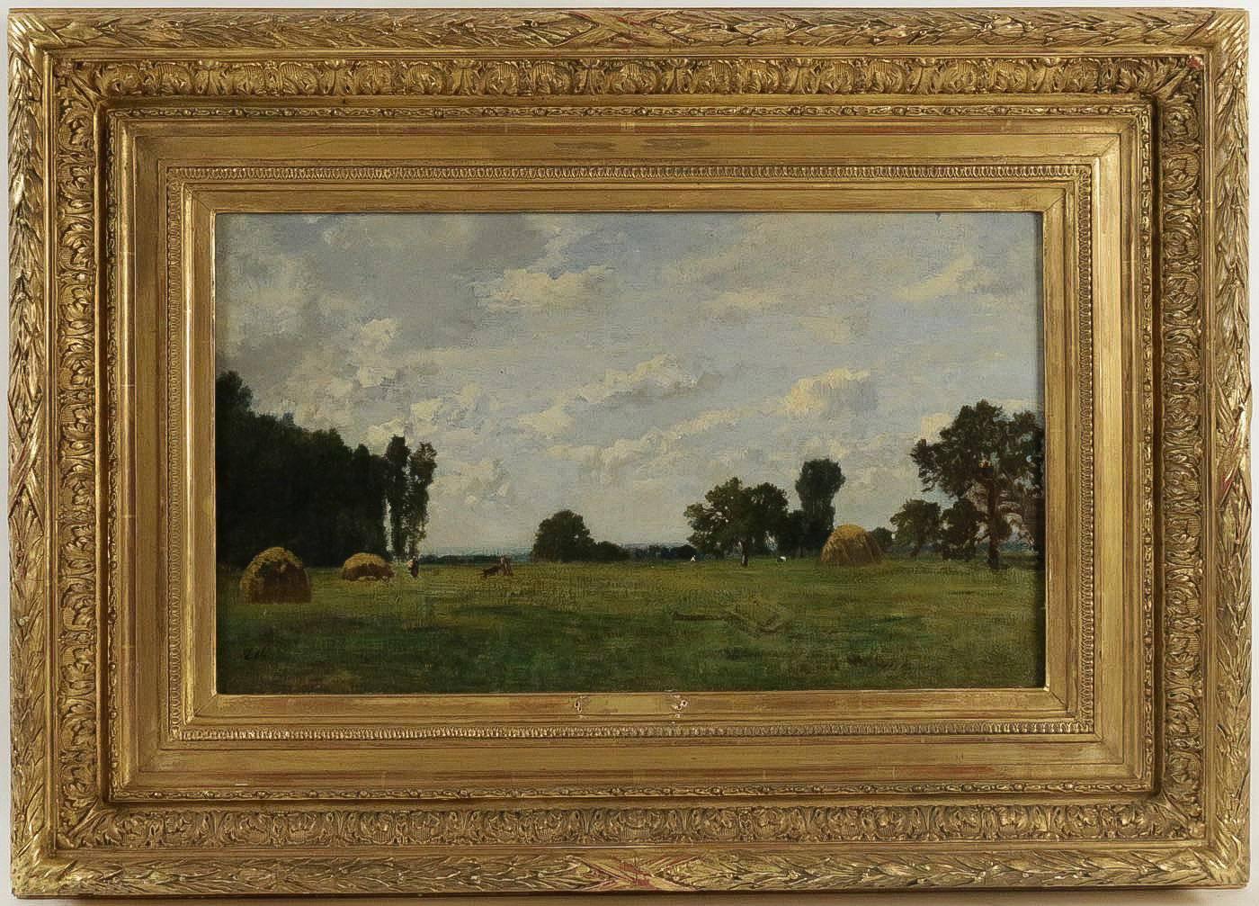 We have the pleasure to present you a lovely Barbizon School, oil on panel depicting a field livened up by characters with a haystack, in beautiful and ornamental giltwood original frame. 

Our painting signed on a lower left of the monogram 