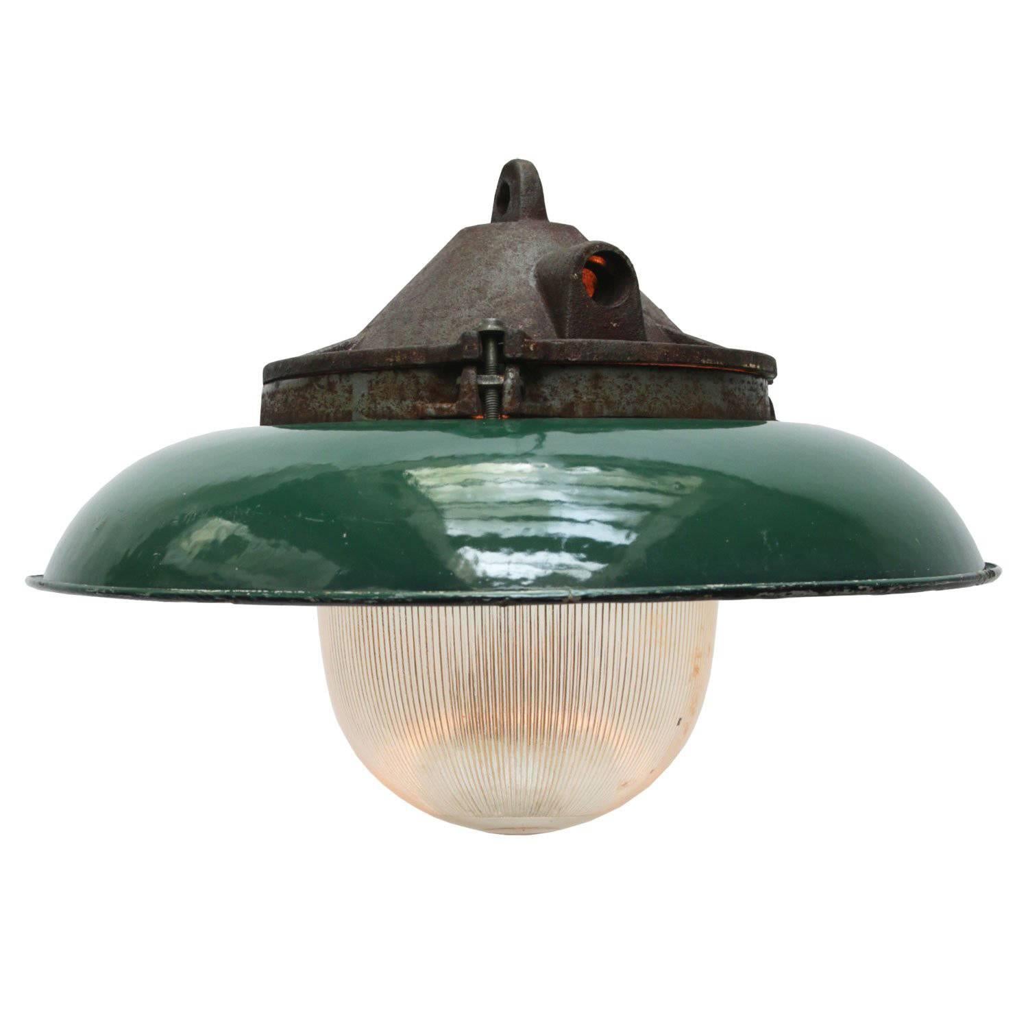 Green Enamel Vintage Industrial Cast Iron Holophane glass Pendant Lamps (28x)