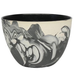 Contemporary Marbled Ceramic Bowl in Black and White Raw Clay and Glaze Handmade