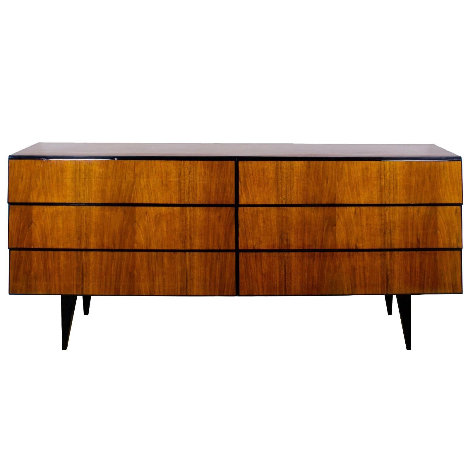 1950s Long Commode with Six Drawers, Walnut Veneer, Italy