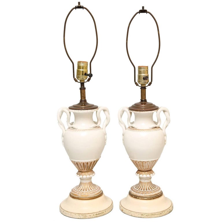 Pair of Meissen, UrnForm Porcelain Vase Lamps with Snake Handles at