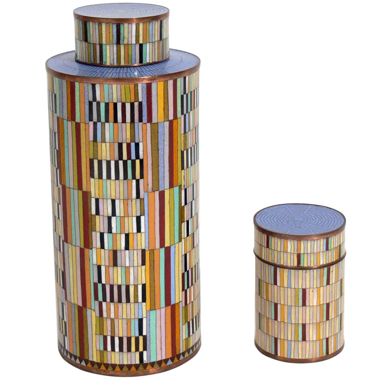 Pair of Colorful Cloisonne Canisters by Fabienne Jouvin