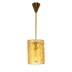 Orrefors Gefion Pendant by Lyfa/Orrefors, 1960s, Amber Crystal and Brass Lamp