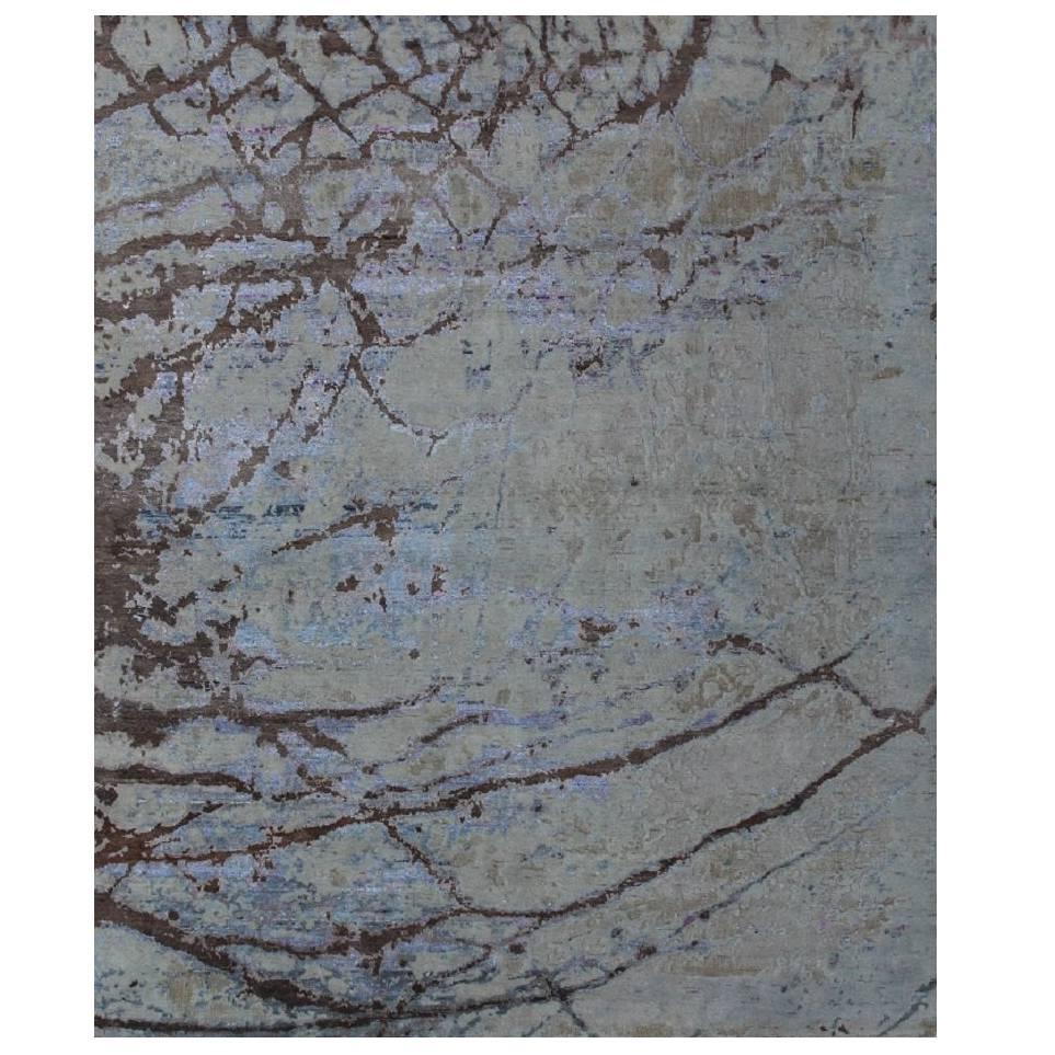 Tapis abstrait contemporain en laine et soie noué à la main, bleu clair, beige et brun
