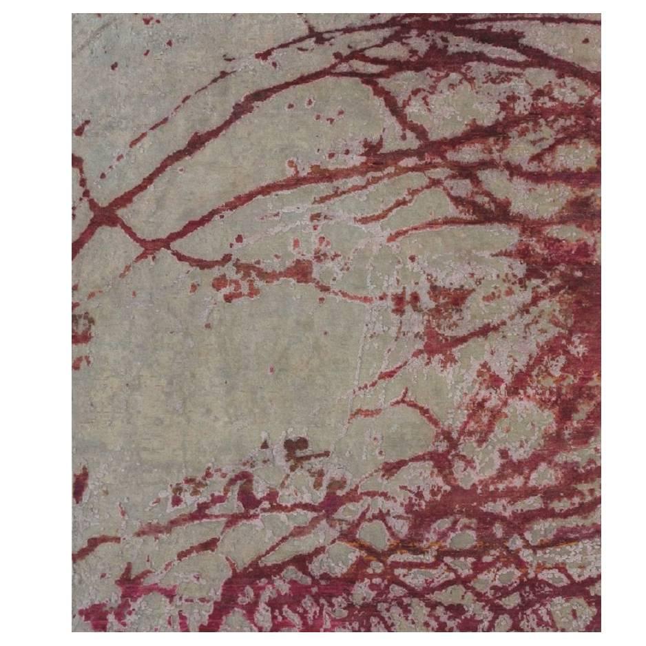 Beige and Red Wool & Silk Abstract Rug with Light Pink Accent Color in Stock  For Sale