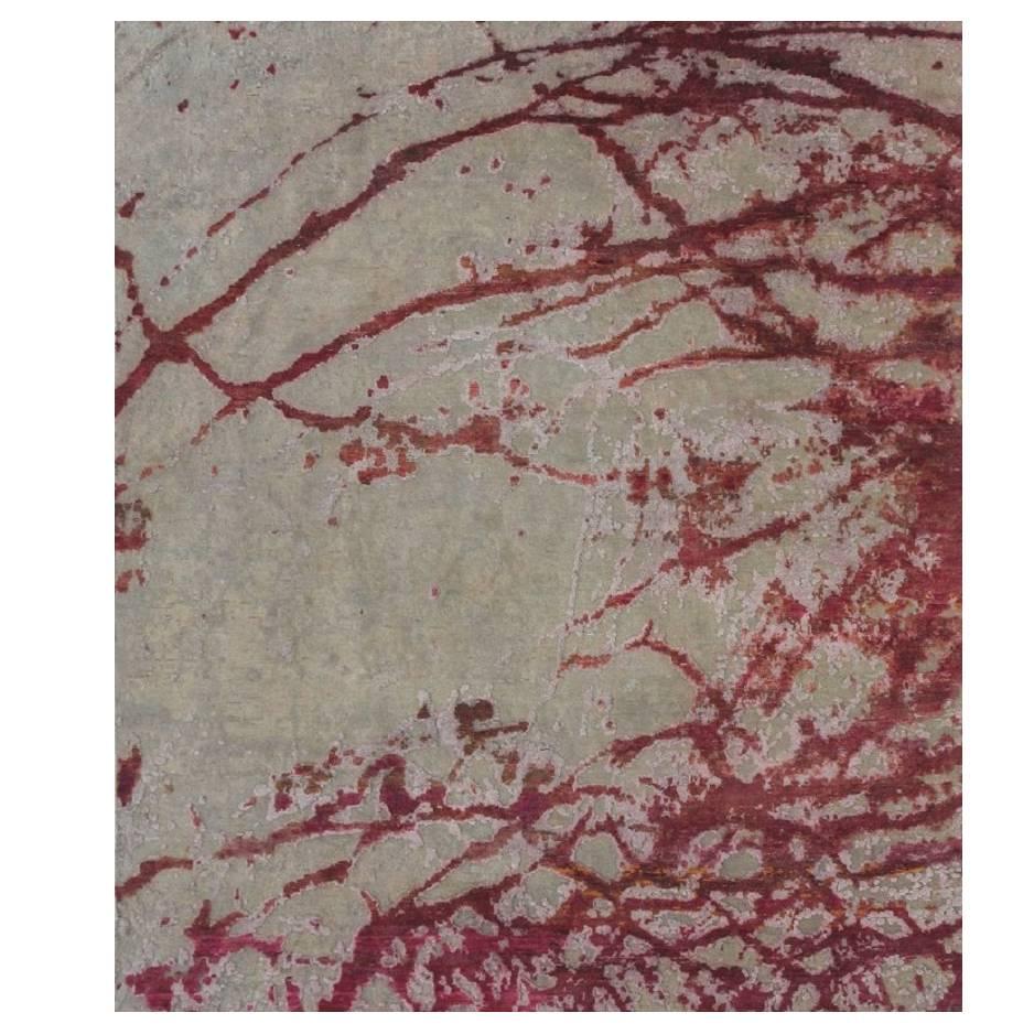 Beige and Red Wool & Silk Abstract Rug with Light Pink Accent Color in Stock