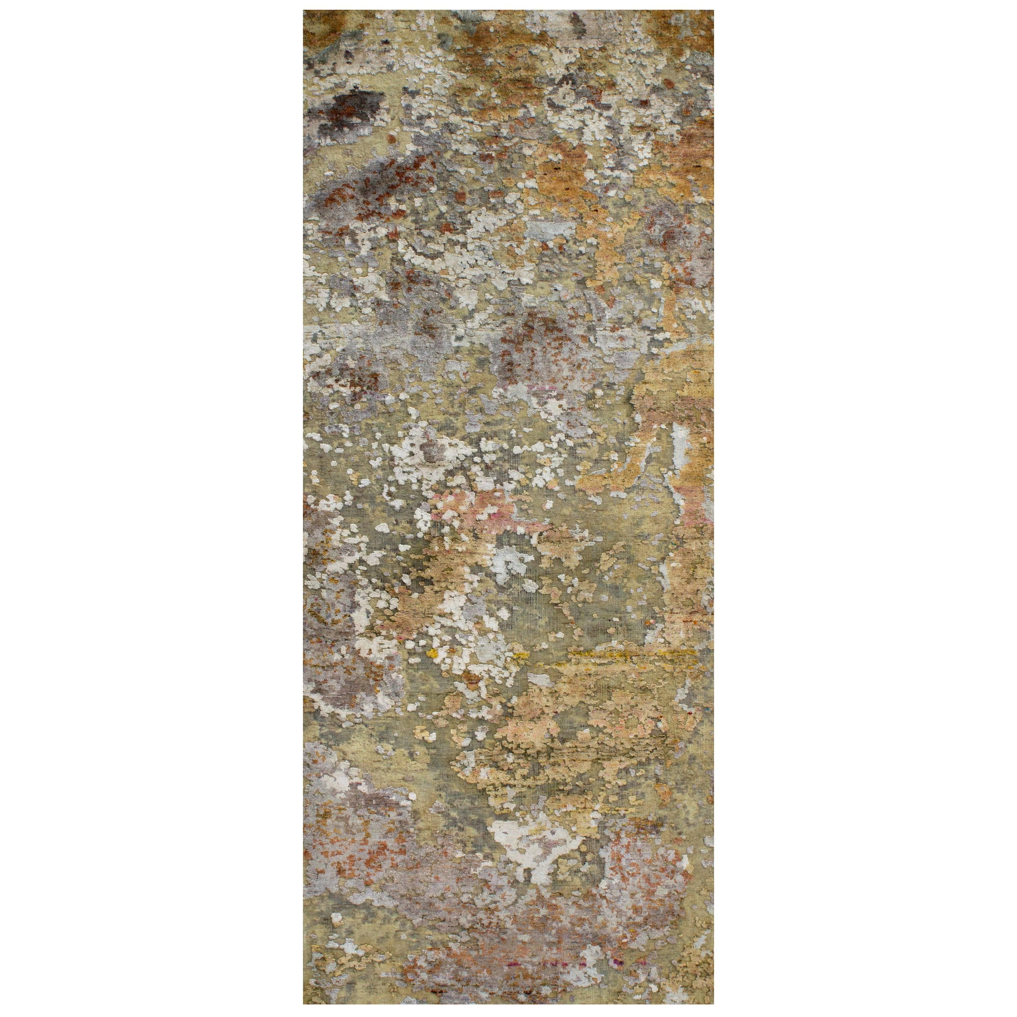 Gold Copper Beige Grey Textured Hand-Knotted Abstract Gallery Size Rug in Stock For Sale