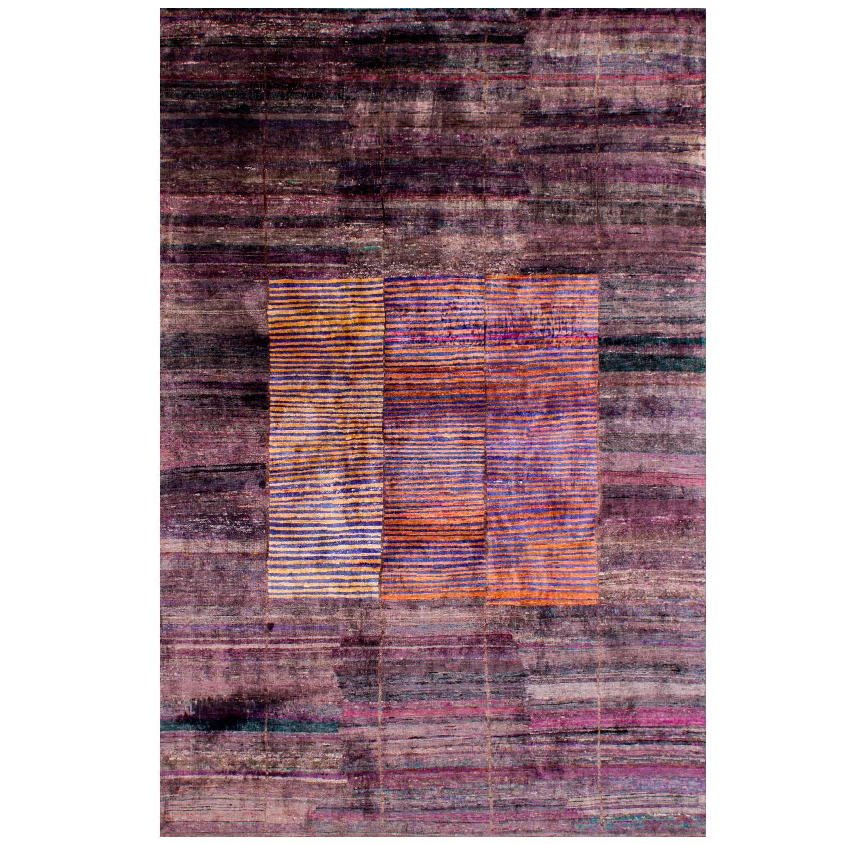 Purple Plum Grape Natural Silk Hand-Knotted Modern Color Transitional Design Rug