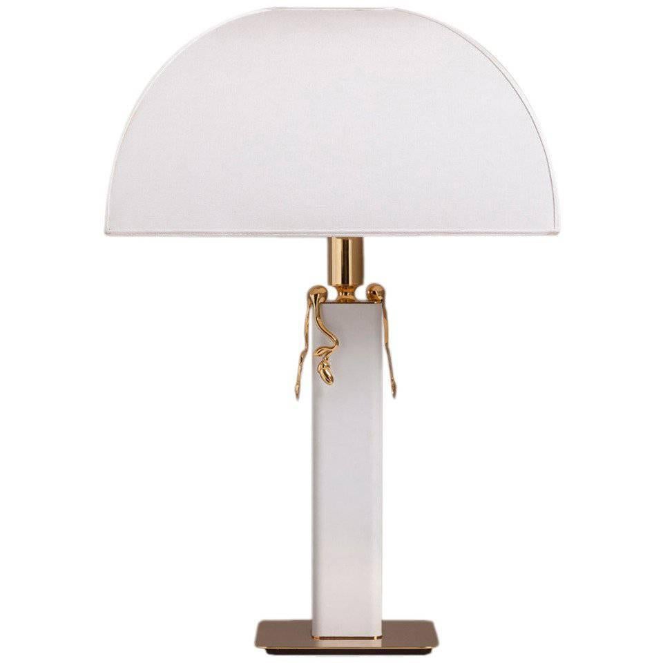White Leather Wrapped and Brass-Plated Table Lamp 1980s For Sale