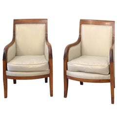 Pair of French 1850s Empire Style Walnut Bergères with Linen Upholstery