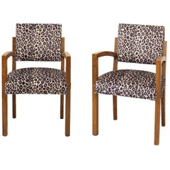 Pair of 1940s French Art Deco Mahogany Bridge Chairs with Leopard Fabric