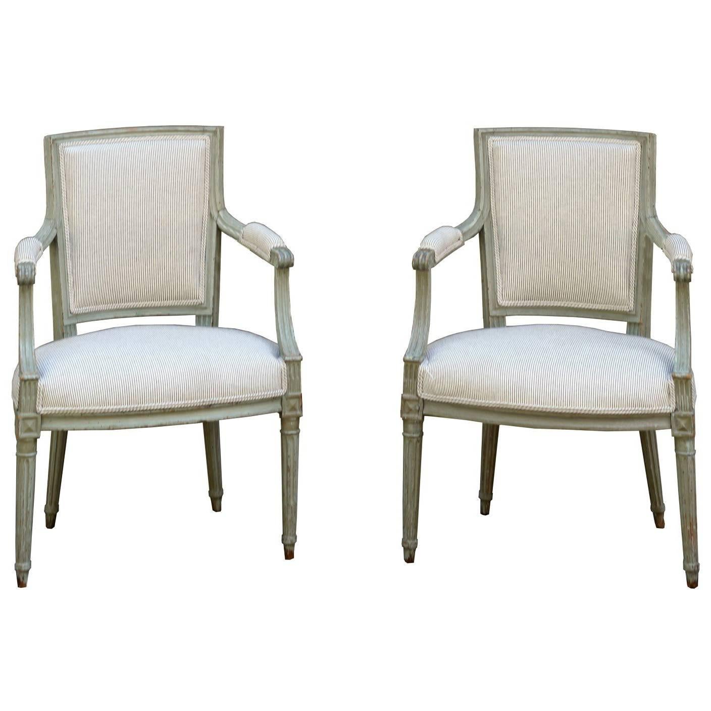 Pair of French Louis XVI Style Armchairs with Cotton Mattress Ticking Upholstery