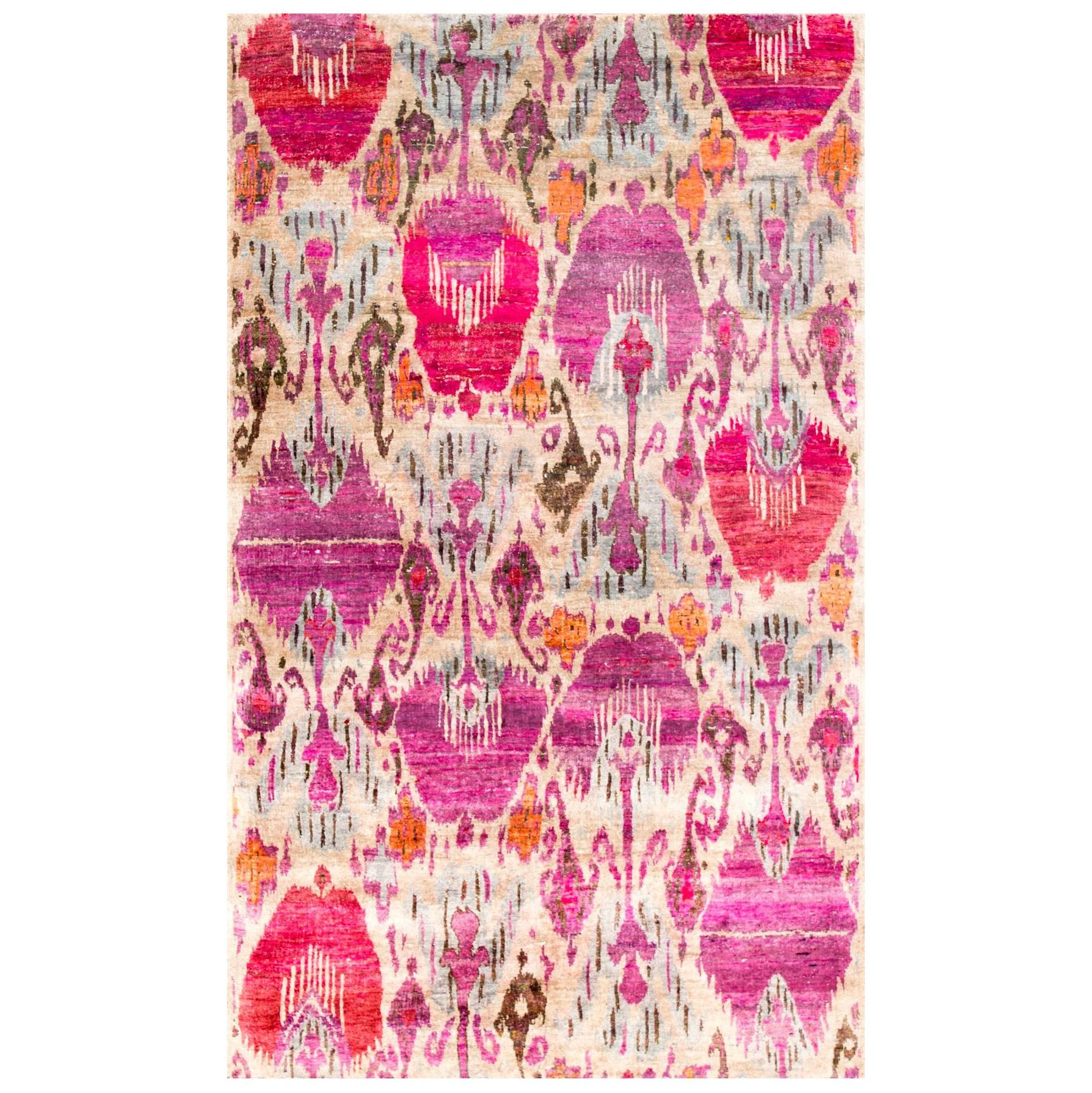 Pink Fuchsia Purple Lilac Oat Silver Beige Ikat Natural Silk Woven Rug in Stock