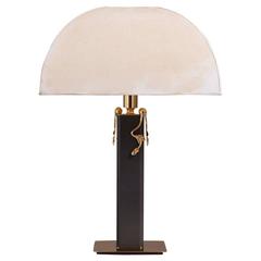 Grey Leather Wrapped and Brass-Plated Table Lamp 1980s 8