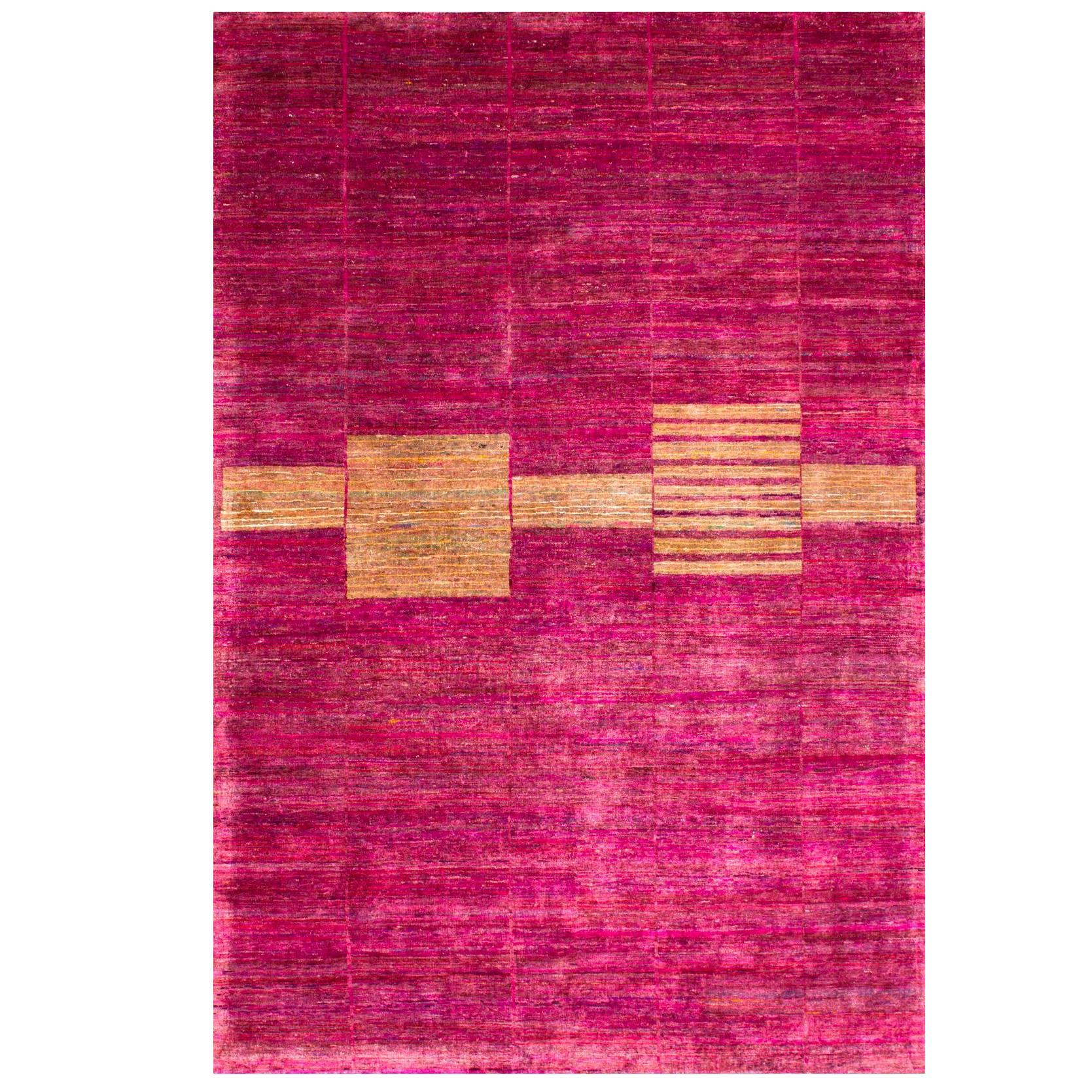 Cranberry Pink Mid-Century Modern Hand-Knotted Sustainable Silk Rug in Stock