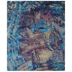 Modern Turquoise Blue Purple and Gold Hand-knotted Wool and Silk Rug in Stock