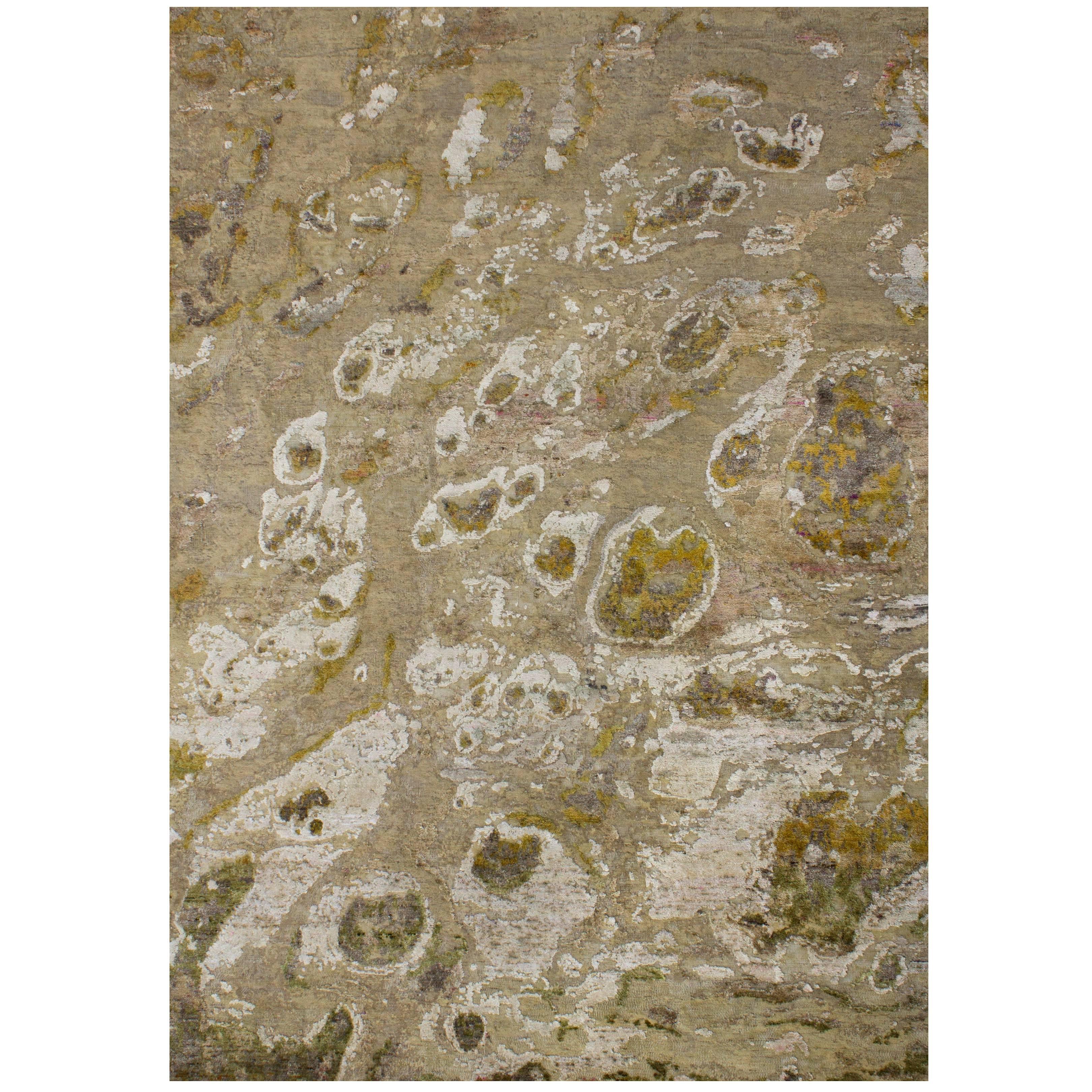 Beige Tan Camel Rug in Organic Pattern Hand-knotted Wool and Silk with Mustard