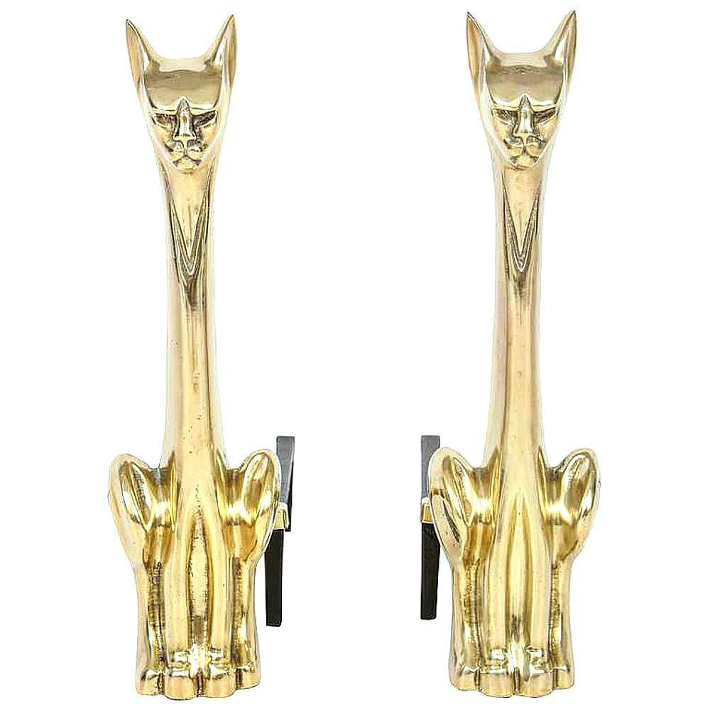 Pair of Modernist Brass Cat Andirons