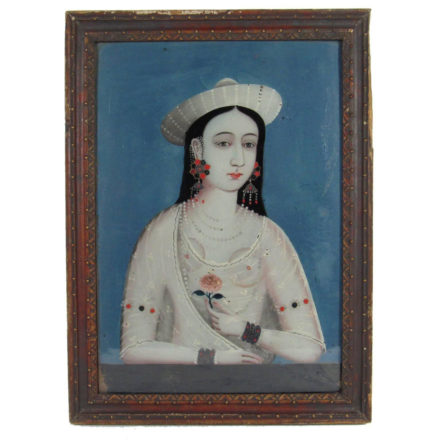 China Trade Reverse Painting on Glass Portrait of a Young Woman with Pink Flower