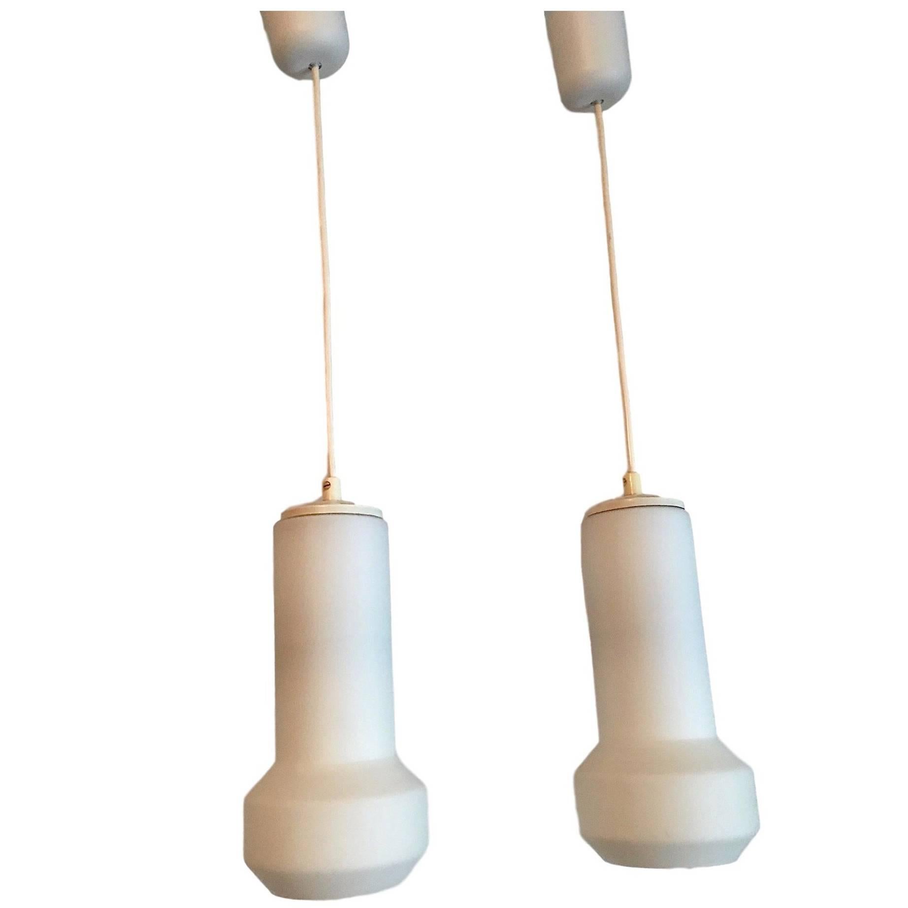 Pair of Milk Glass Lamp Pendants by Doria Leuchten, 1960s For Sale