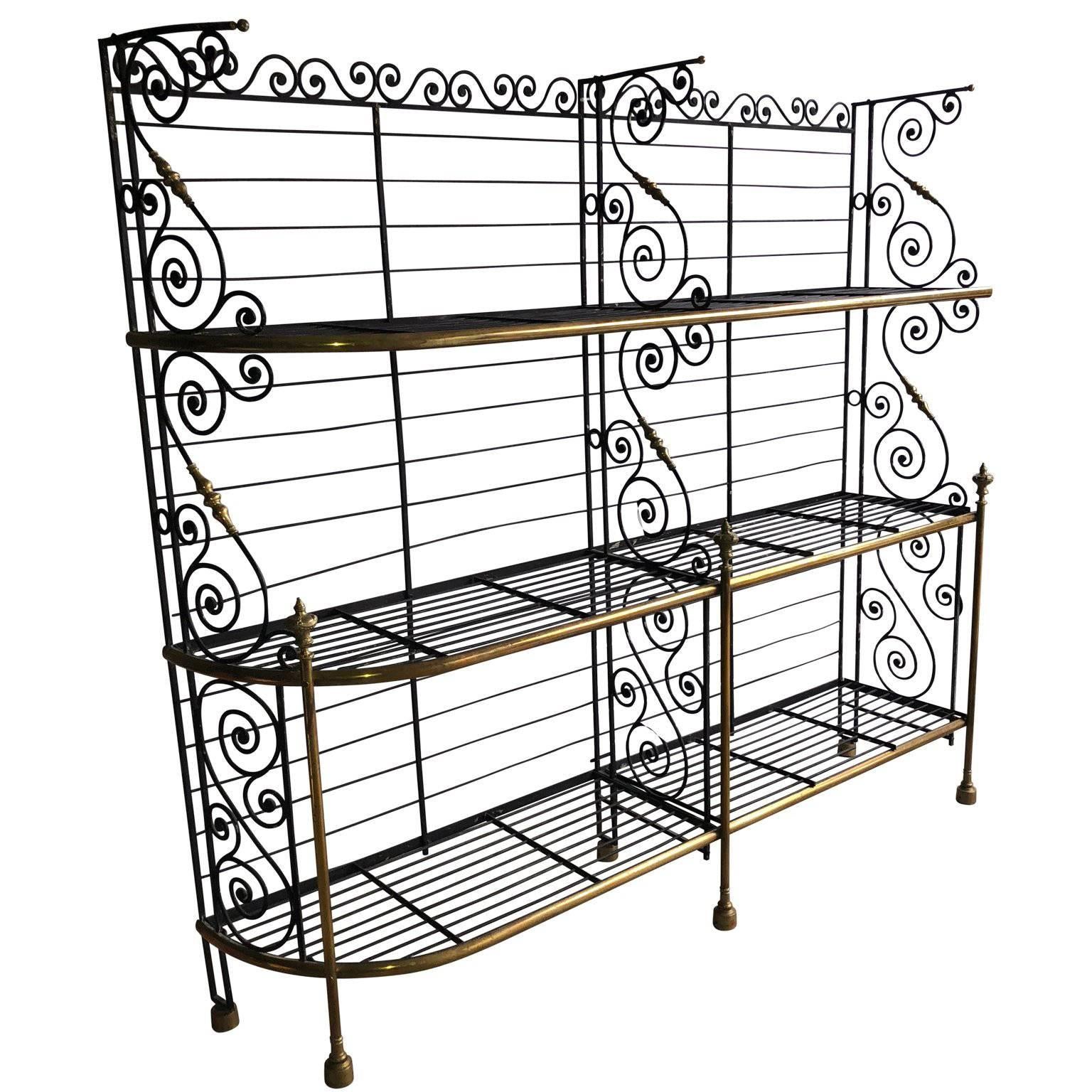 Large French 19th Century Bakers Rack Wrought Iron and Brass 