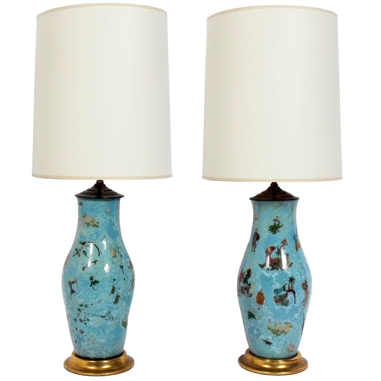 Pair of Robin's Egg Blue Asian Influenced Lamps  For Sale