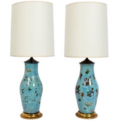 Vintage Pair of Robin's Egg Blue Asian Influenced Lamps 