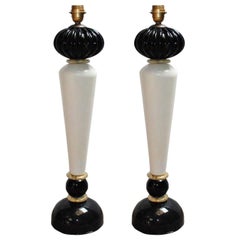 Pair of Murano Black and Cream Stem Table Lamps