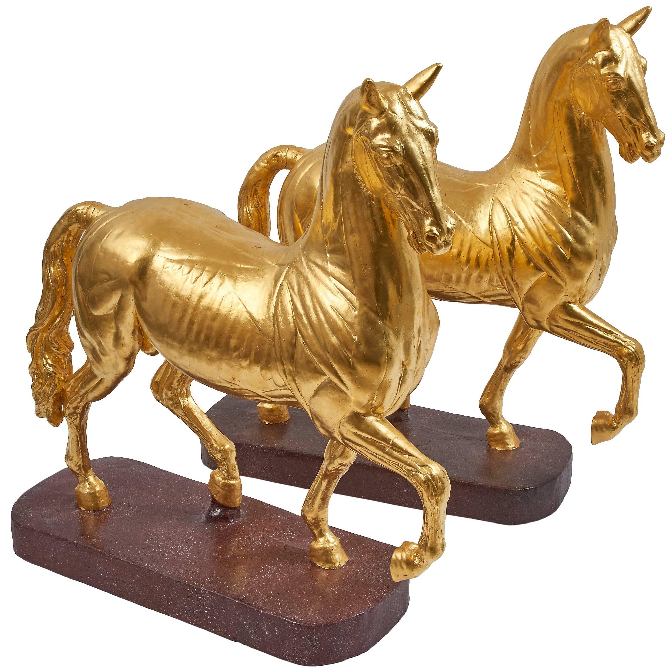 Pair of Italian Gilded Plaster Flayed Pacing Horses Late 19th-Early 20th Century For Sale
