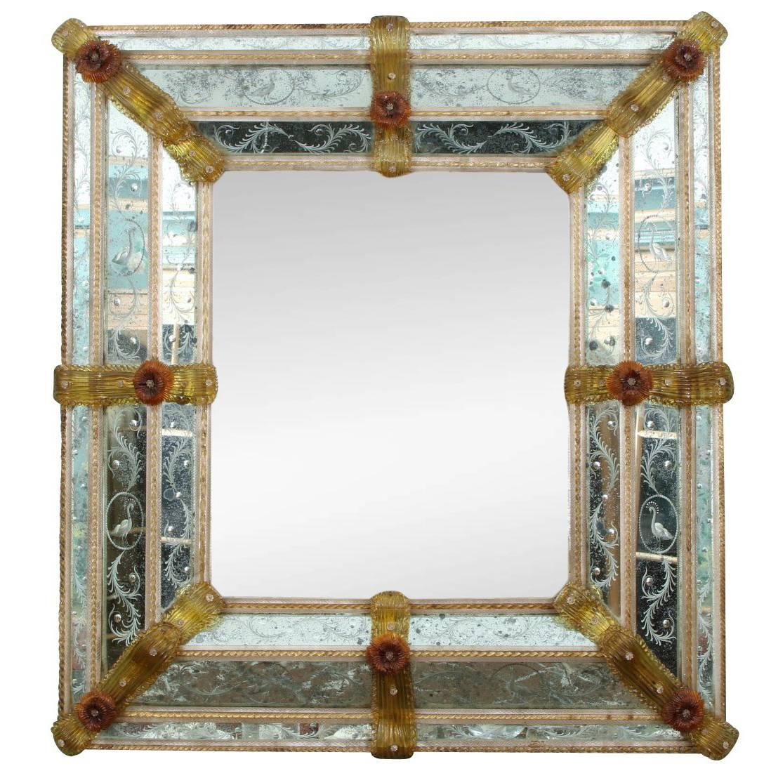 Massive 19th Venetian Glass Mirror with Overall Etched and Applied Decoration