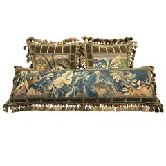 Set of Three Handmade Pillows Made with 18th Century Aubusson Tapestry Fragments