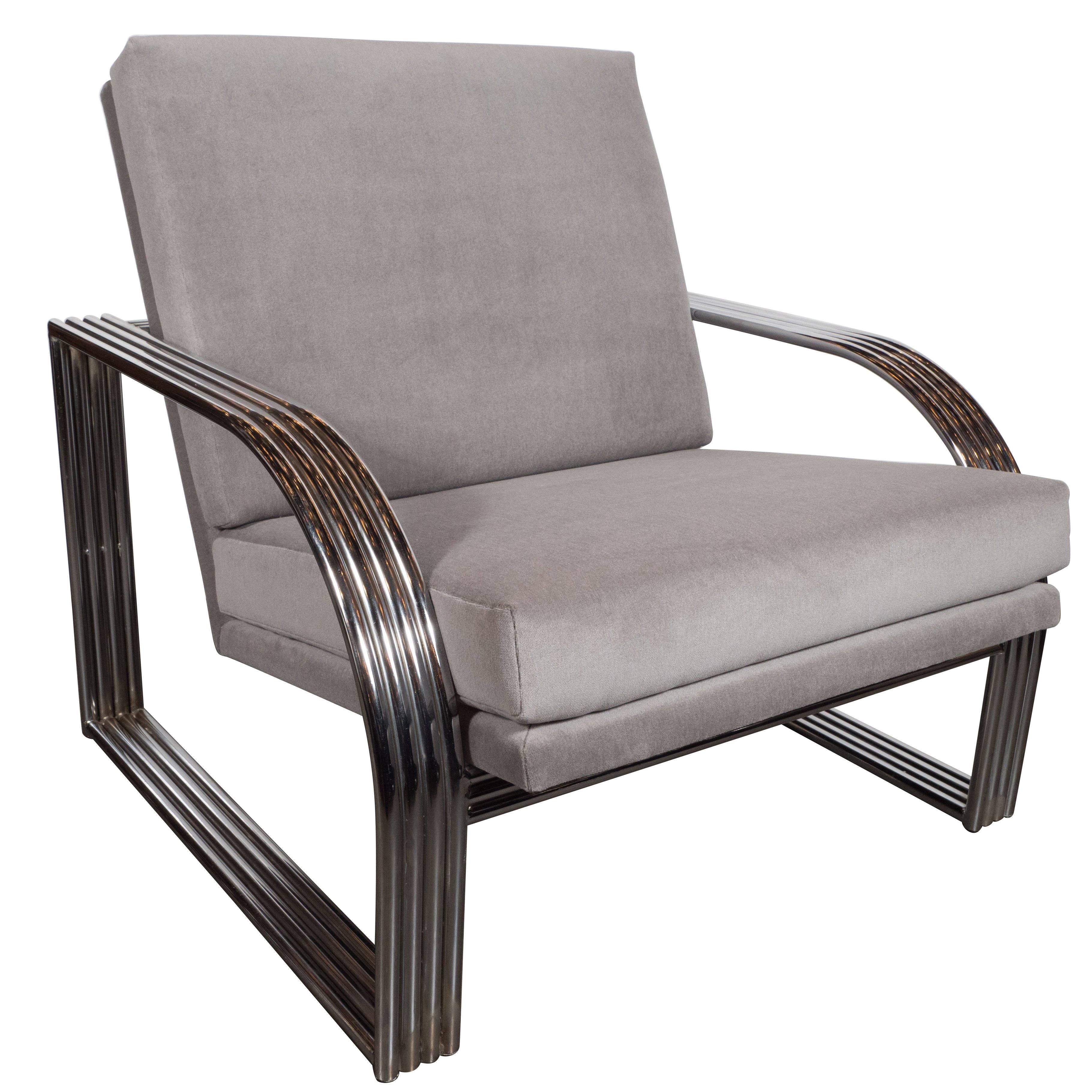 Art Deco Revival Chrome and Platinum Velvet Club Chair in Jay Spectre Manner