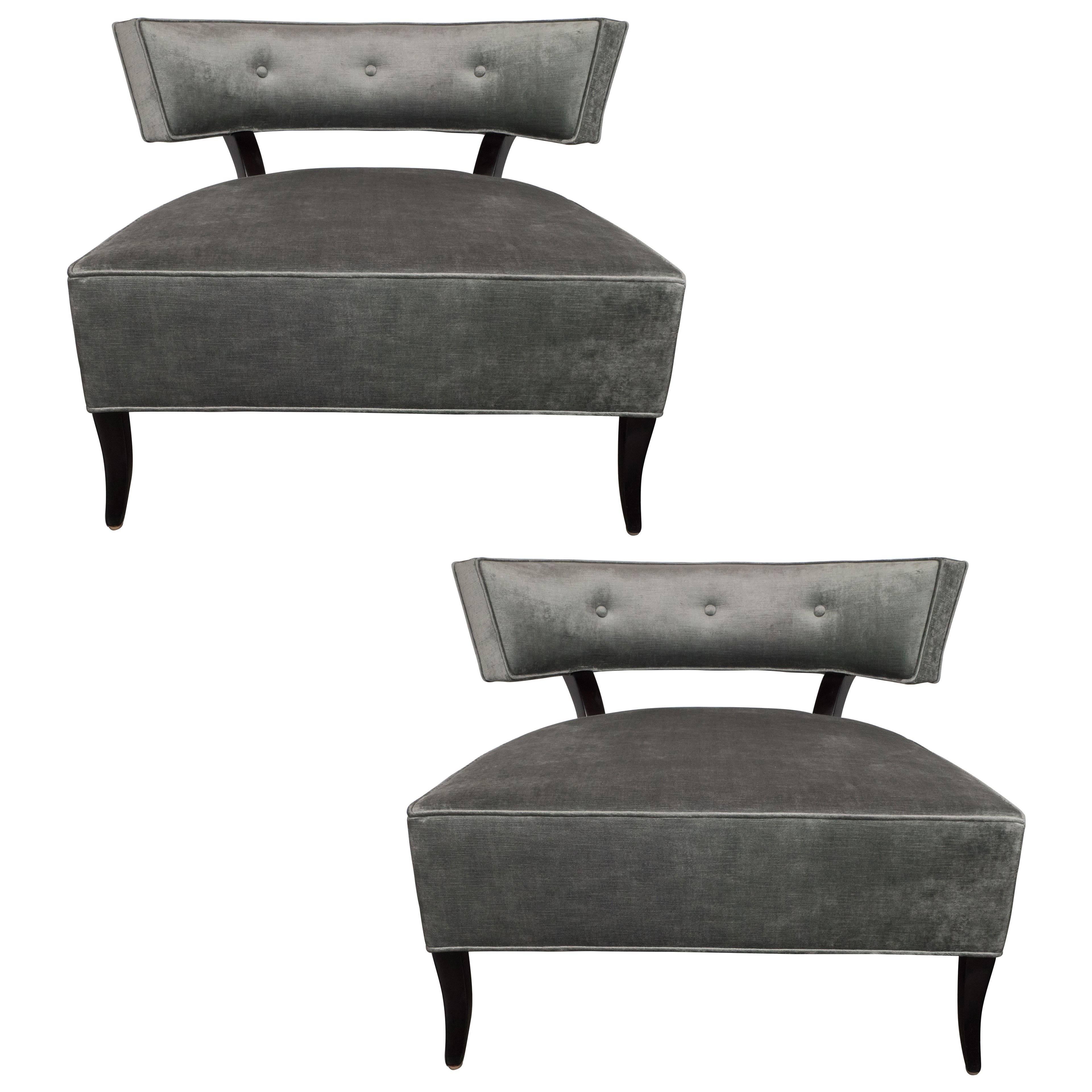 Pair of Mid-Century Modern Klismos Slipper Chairs in Sage Velvet by Billy Haines