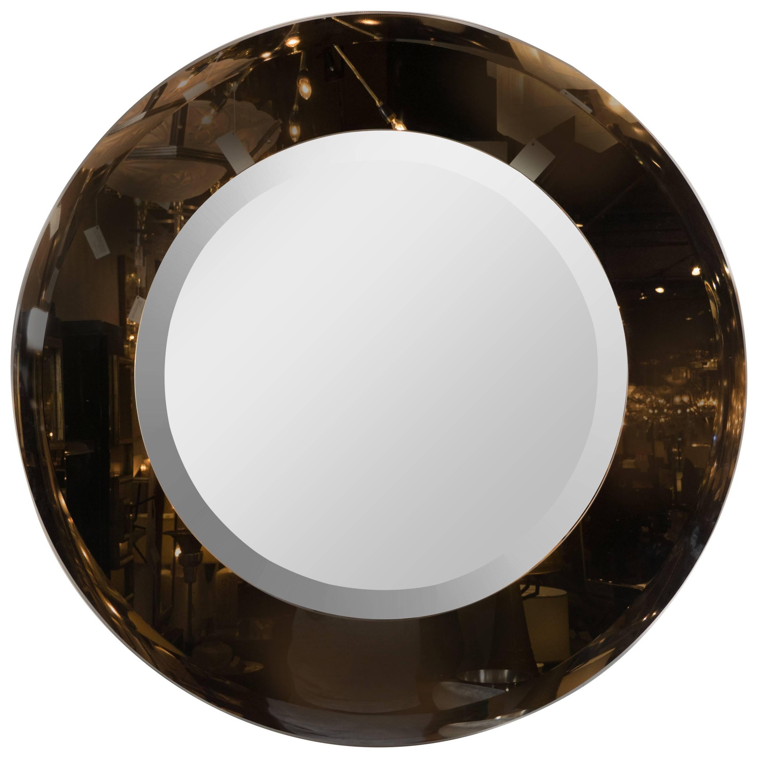 Modernist Smoked and Beveled Circular Mirror in the Manner of Karl Springer