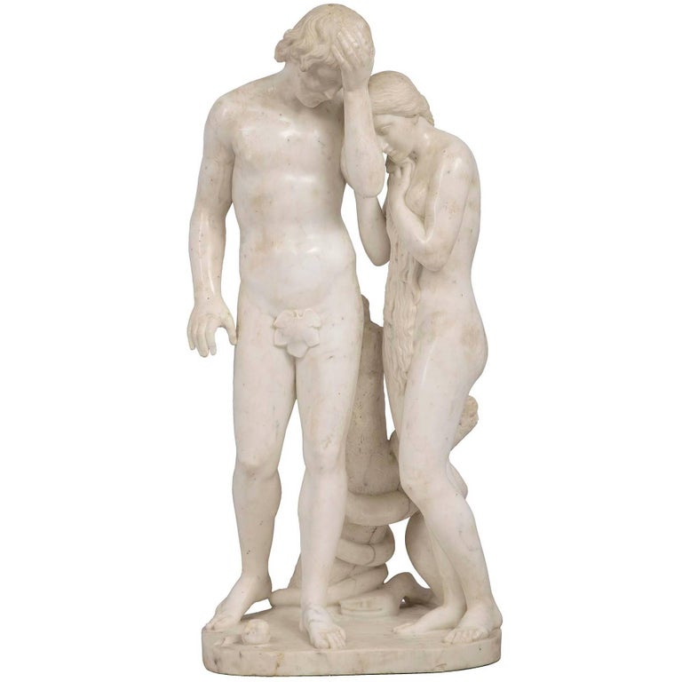 Italian 19th Century White Carrara Marble Sculpture of Adam and Eve For Sale