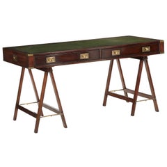 Campaign Style Brass and Green Tooled Leather Writing Table Desk, 20th Century