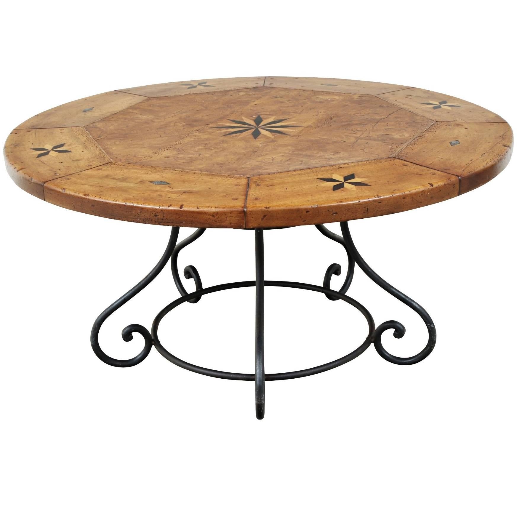 Fine Custom Continental Round Inlaid Walnut Table with 18th Century, Top