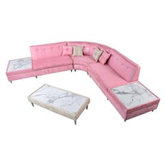 Hollywood Regency Pink Microsuede Sectional Sofa Couch & Coffee Table Set