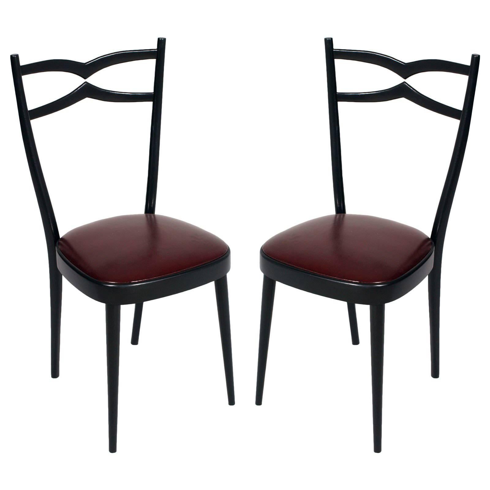 1940s Side Chairs Carlo di Carli Attributed Black Lacquered Walnut, Leatherete